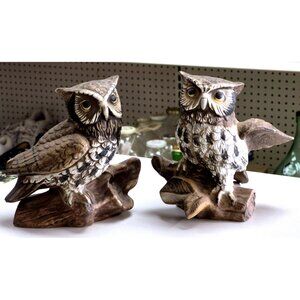 Vintage 1970s Homco Pair Great Horned Owl Porcelain Figurines Owls Set 2 Birds